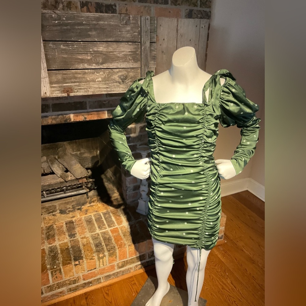 For Love & Lemons green polka ruched dress stretch satin